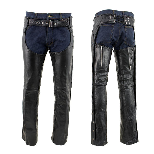Milwaukee Leather Men's Braidline Black Buffalo Leather Motorcycle Chaps w/ Elastic Thigh Panels - LKM5724