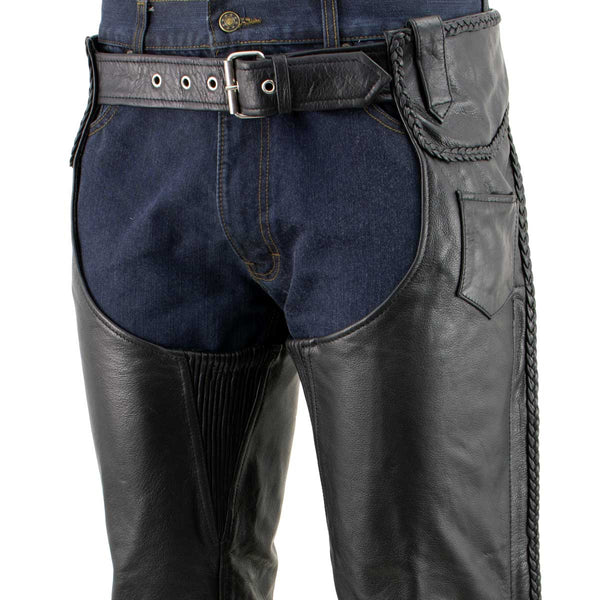 Milwaukee Leather Men's Braidline Black Buffalo Leather Motorcycle Chaps w/ Elastic Thigh Panels - LKM5724