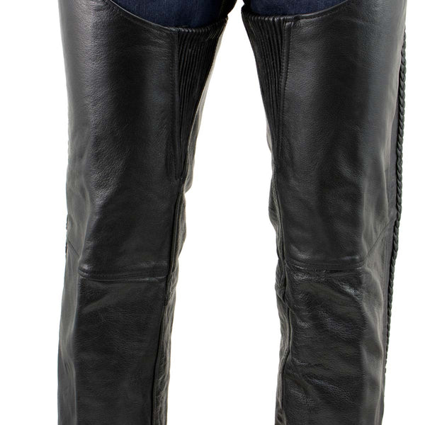 Milwaukee Leather Men's Braidline Black Buffalo Leather Motorcycle Chaps w/ Elastic Thigh Panels - LKM5724