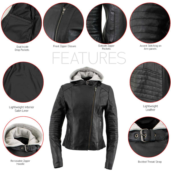 Milwaukee Leather LKL2737 Women's Black Premium Leather Motorcycle Biker Racer Style Scuba Jacket w/ Hoodie