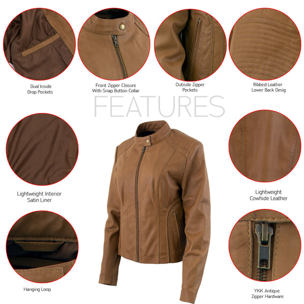 Milwaukee Leather LKL2736 Women's Cognac Premium Leather Scuba Style Biker Jacket w/ Mandarin Collar