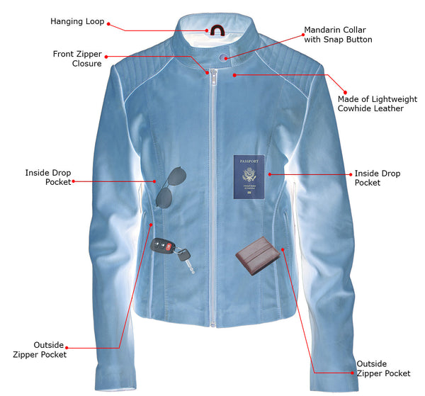 Milwaukee Leather LKL2736 Women's Cognac Premium Leather Scuba Style Biker Jacket w/ Mandarin Collar