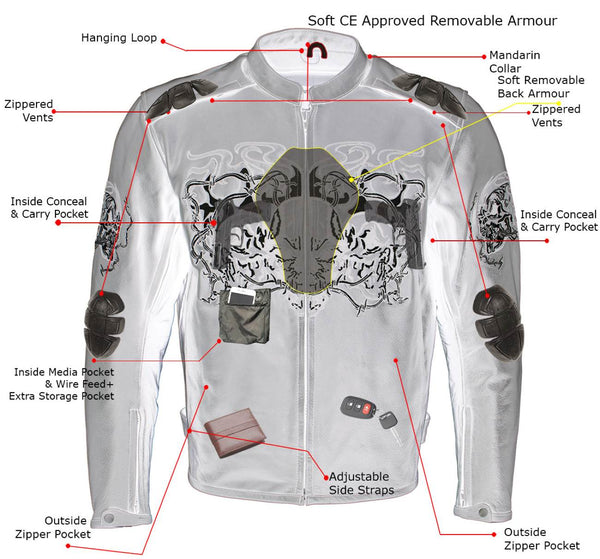 Milwaukee Leather LKM17008 Men's Premium Black Reflective Skulls Cruiser Style Motorcycle Jacket w/ CE Armor