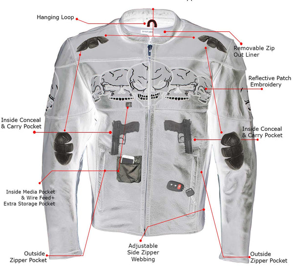 Milwaukee Leather LKM17011 Men's 3 Skull Head Premium Black Leather Motorcycle Jacket with CE Armor