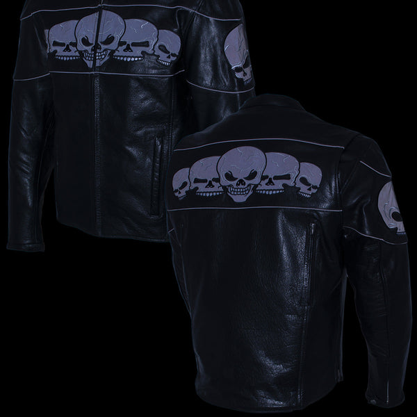 Milwaukee Leather LKM17011 Men's 3 Skull Head Premium Black Leather Motorcycle Jacket with CE Armor