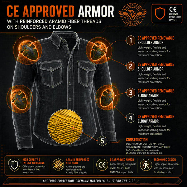 Milwaukee Leather MPM1621 Men's Grey CE Armored Long Sleeve Motorcycle Riders Shirt w/ Reinforced w/ Aramid Fibers