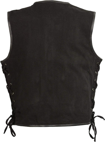 Club Vest CVM3039 Men's Black Denim Motorcycle Rider Vest with Leather Trim and Side Laces
