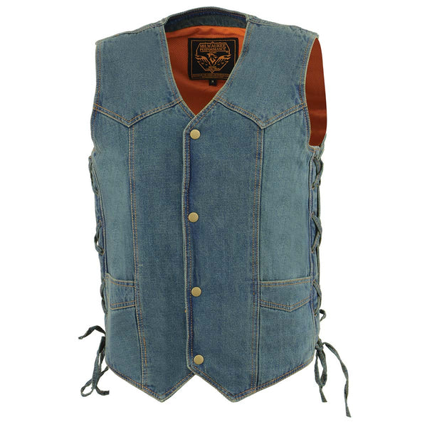 Milwaukee Leather DM1315 Men's Black Classic Denim Western Style Cowboy Biker Vest with Adjustable Side Laces