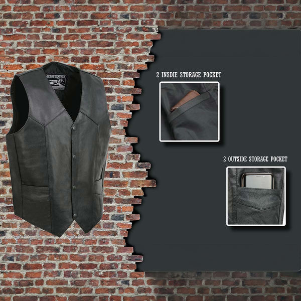 Event Leather EL1310GO Men's Black Leather Classic Snap Button Biker Vest