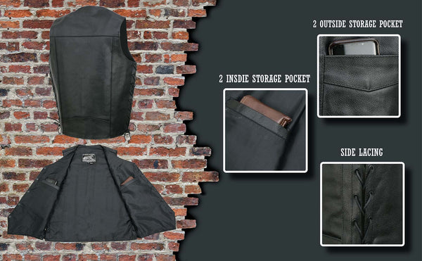 Event Leather EL5315T Men's Black Classic Side Lace Biker Vest in Big and Tall Sizes