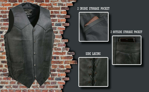 Event Leather EL5315T Men's Black Classic Side Lace Biker Vest in Big and Tall Sizes