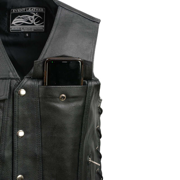 Event Leather EL5360 Men's Black Leather Vest with Denim Style Pockets and Side Lace