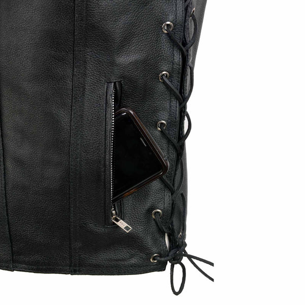 Event Leather EL5360 Men's Black Leather Vest with Denim Style Pockets and Side Lace