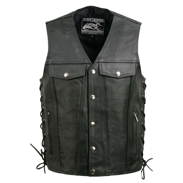 Event Leather EL5360 Men's Black Leather Vest with Denim Style Pockets and Side Lace
