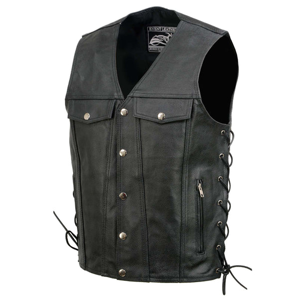 Event Leather EL5360 Men's Black Leather Vest with Denim Style Pockets and Side Lace