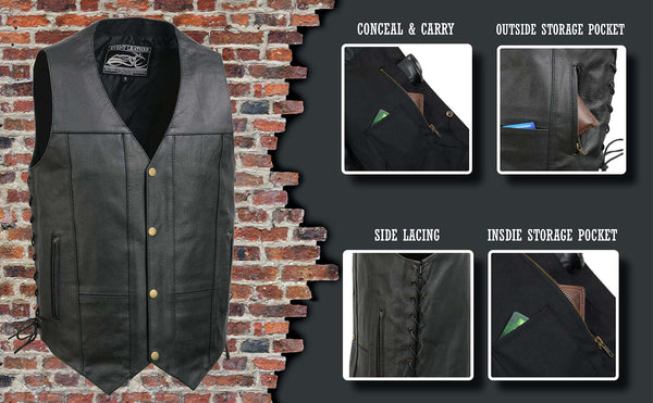 Event Leather EL5391 Men's Black Leather 10 Pocket Side Lace Vest