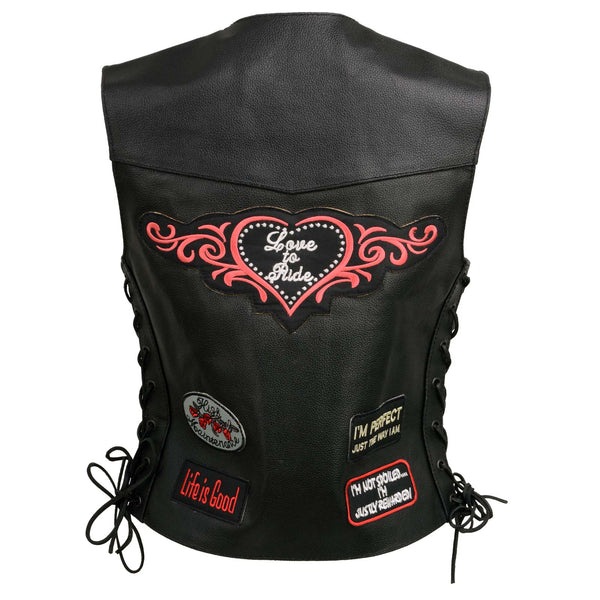 Event Leather ELL4900 Women's Classic Black Genuine Leather Side Laced Motorcycle Riders Vest w/ 9 Patches