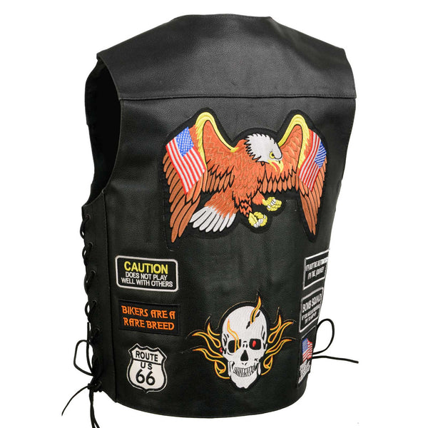 Event Leather ELM3920 Men's Black Leather Pre-Patched Bikers Vest w/ 6 Pockets - 23 Patches and Side Laces