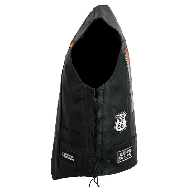 Event Leather ELM3930 Men’s Black Motorcycle Riders Leather Vest w/ 9 Patches and Adjustable Side Laces