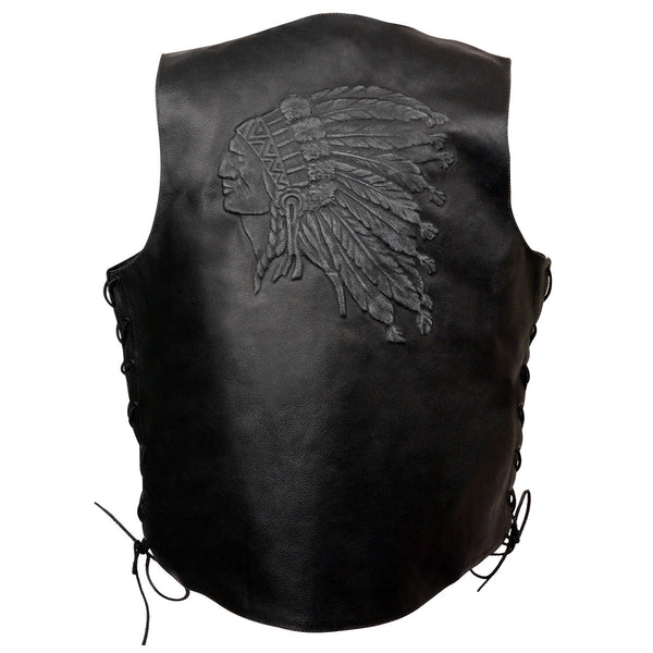 Event Leather ELM3935 Men's Motorcycle Riders Black Leather Vest with Embossed Native American Head