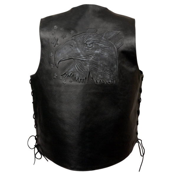 Event Leather ELM3900 Men's Motorcycle Riders Black Leather Vest w/ Embossed American Bald Eagle Head and Stars