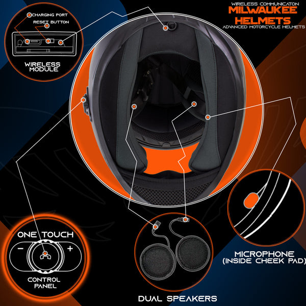 Milwaukee Helmets H510 Gloss Black Chit-Chat Full Face Wireless Motorcycle Helmet-Stream Music-Phone Calls