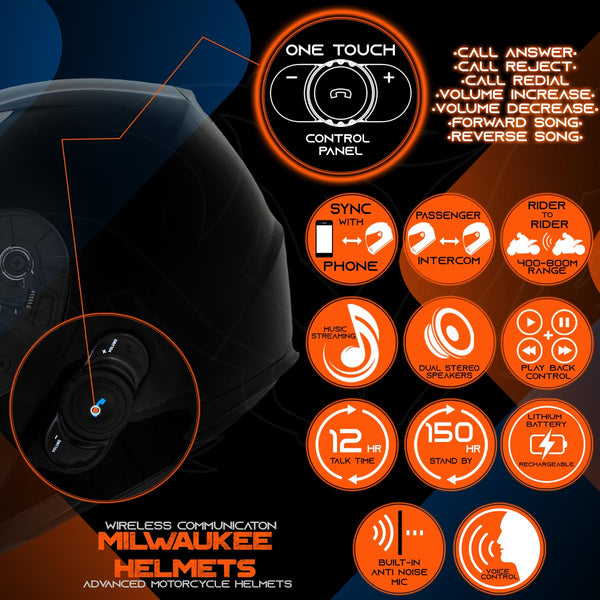 Milwaukee Helmets H510 Gloss Black Chit-Chat Full Face Wireless Motorcycle Helmet-Stream Music-Phone Calls