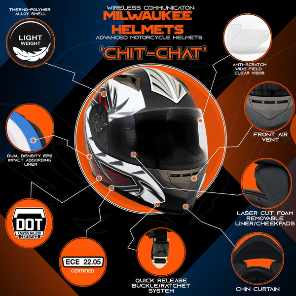 Milwaukee Helmets H520 Titanium and Red Chit-Chat Full Face Wireless Motorcycle Helmet-Stream Music-Phone Calls