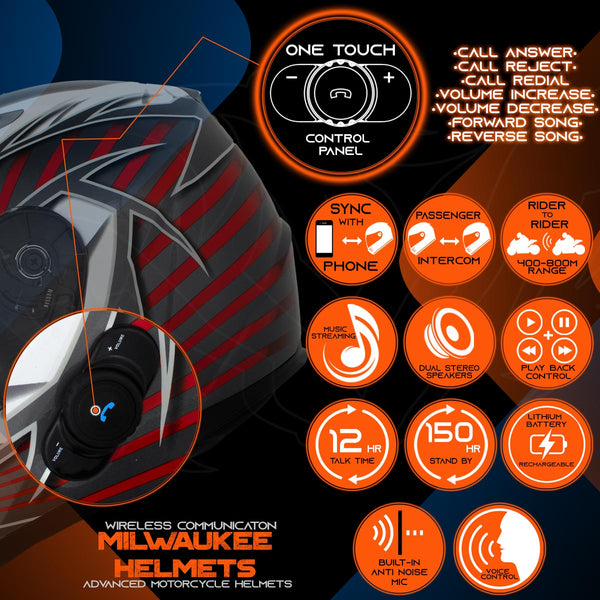 Milwaukee Helmets H520 Titanium and Red Chit-Chat Full Face Wireless Motorcycle Helmet-Stream Music-Phone Calls