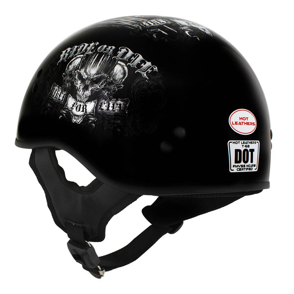 Hot Leathers HLD1016 Ride or Die Gloss Black Motorcycle DOT Skull Cap Half Helmet Biker