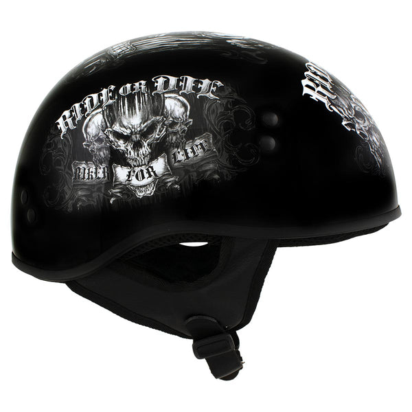 Hot Leathers HLD1016 Ride or Die Gloss Black Motorcycle DOT Skull Cap Half Helmet Biker
