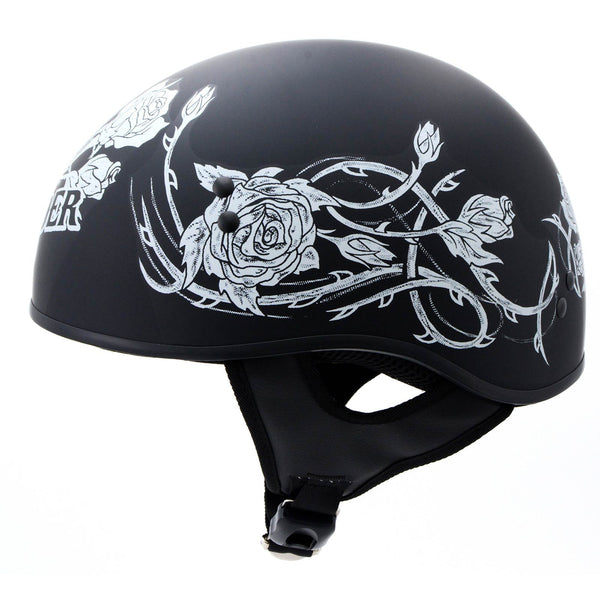 Hot Leathers HLD1021 Lady Rider Flat Black Motorcycle DOT Approved Skull Cap Half Biker Helmet