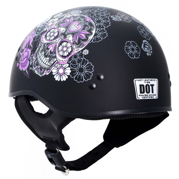 Hot Leathers HLD1031 Sugar Skull Flat Black Motorcycle DOT Approved Skull Cap Half Biker Helmet