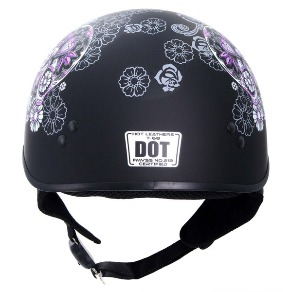 Hot Leathers HLD1031 Sugar Skull Flat Black Motorcycle DOT Approved Skull Cap Half Biker Helmet