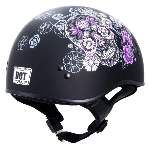 Hot Leathers HLD1031 Sugar Skull Flat Black Motorcycle DOT Approved Skull Cap Half Biker Helmet