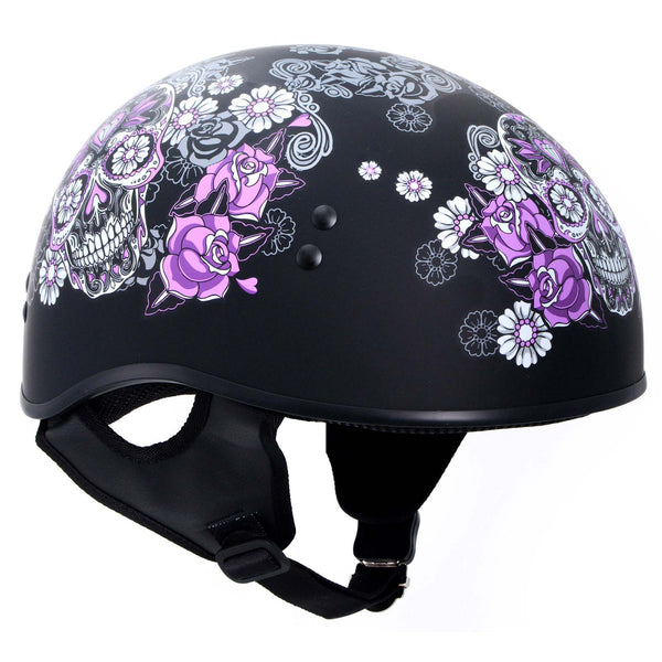 Hot Leathers HLD1031 Sugar Skull Flat Black Motorcycle DOT Approved Skull Cap Half Biker Helmet