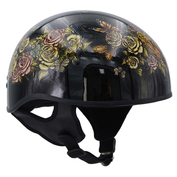 Hot Leathers HLD1034 Butterfly Lock Gloss Black Motorcycle DOT Approved Skull Cap Half Biker Helmet