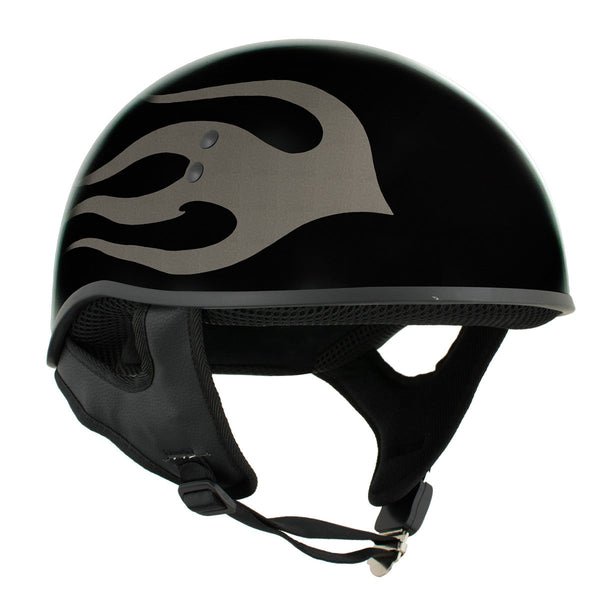 Hot Leathers HLD1036 Silver Flames Gloss Black Motorcycle DOT Approved Skull Cap Half Helmet