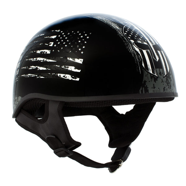 Hot Leathers HLD1043 Gloss Black Black and White Warrior Bullet Advanced DOT Skull Half Helmet