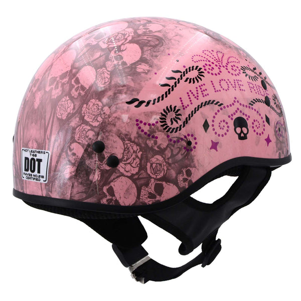 Hot Leathers HLD1048 Live, Love Ride Gloss Pink Motorcycle DOT Approved Skull Cap Half Biker Helmet