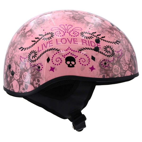 Hot Leathers HLD1048 Live, Love Ride Gloss Pink Motorcycle DOT Approved Skull Cap Half Biker Helmet