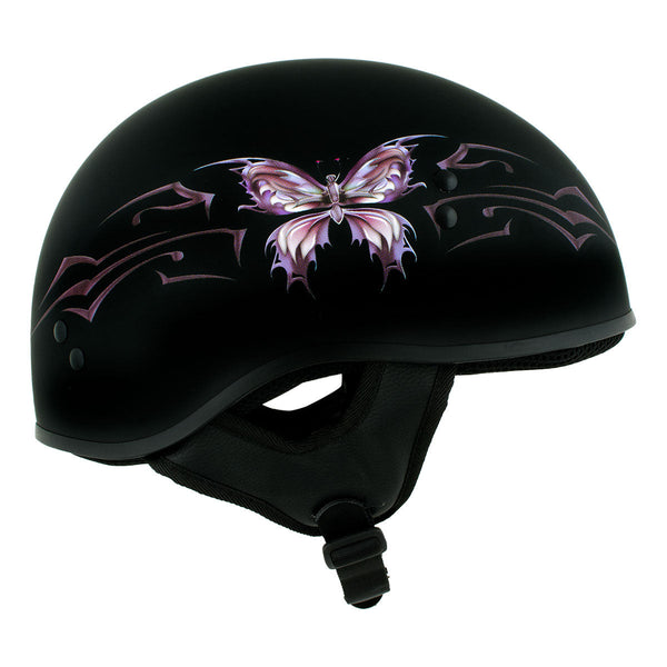 Hot Leathers HLD1052 DOT Skull Cap Half Helmet - Flat Black with Purple Butterfly Design Bikers