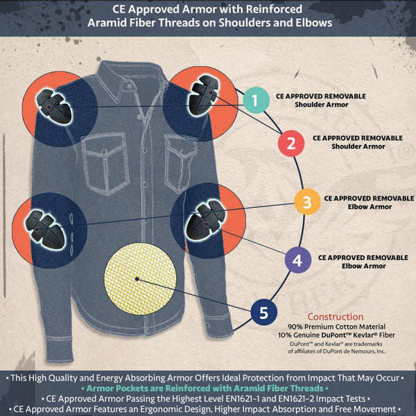 Milwaukee Leather MPM1623 Men's Black CE Armored Long Sleeve Biker Shirt Jacket Reinforced w/ Aramid Fibers