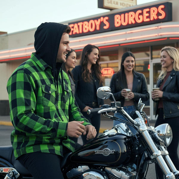 Milwaukee Leather Men’s Titans Green and Black Plaid Hooded Riding Shirt w/ CE Armor & Aramid Fiber Panels - MPM1659