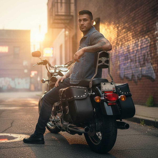 Milwaukee Leather SH645ZB Black 2-Strap PVC Zip Off Throw Over Motorcycle Saddlebags with Chrome Studs