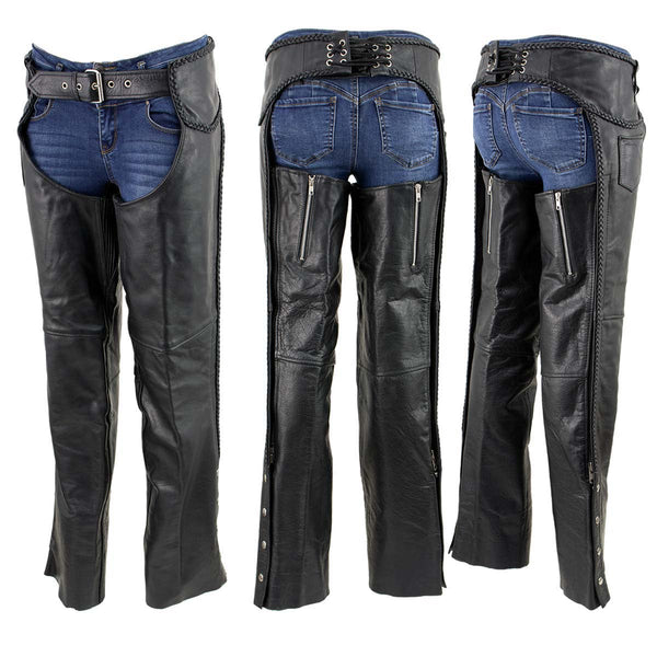 Milwaukee Leather Women's Black Braided Leather Motorcycle Chaps w/ Stretch Panels, Adjustable Fit - LKL16700