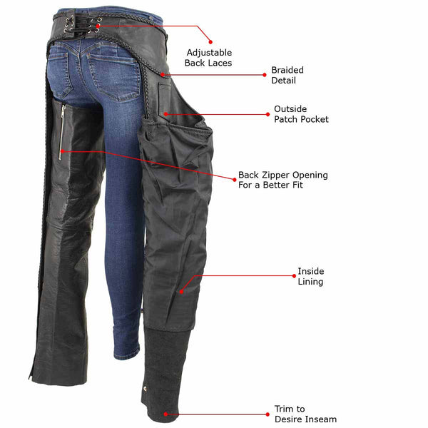 Milwaukee Leather Women's Black Braided Leather Motorcycle Chaps w/ Stretch Panels, Adjustable Fit - LKL16700