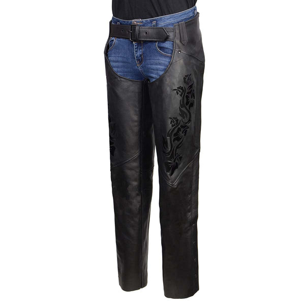 Milwaukee Leather Women's Leather Motorcycle Chaps w/ Embroidery Detail, Adjustable Fit Riding Gear - LKL16701
