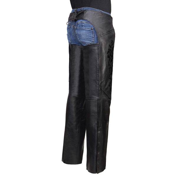 Milwaukee Leather Women's Leather Motorcycle Chaps w/ Embroidery Detail, Adjustable Fit Riding Gear - LKL16701