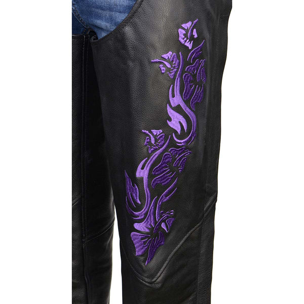 Milwaukee Leather Women's Leather Motorcycle Chaps w/ Embroidery Detail, Adjustable Fit Riding Gear - LKL16702